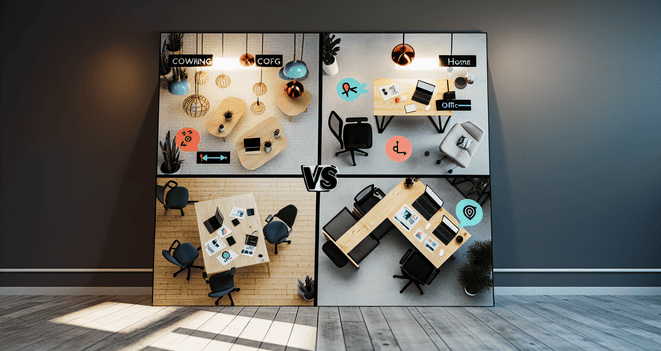 An image illustrating Co-Working vs. Homeoffice